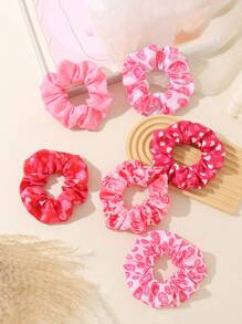 Set de 6 scrunchies de cabello con estampado de corazones rosados y labios, ideales para el uso diario, decoración del Día de San Valentín, accesorios de cabello para mujer