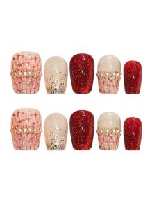 10PCS Gentle Short False Nails With Glitter Decor Odorless Provides A Comfortable Experience For Daily And Parties Wearing - Red - View 13