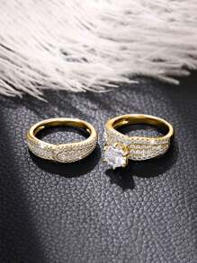 2pcs Gift Box Set - Luxury Cubic Zirconia Engagement Rings, Suitable For Weddings, Parties, Valentine's Day Gifts For Her - Gold - View 6