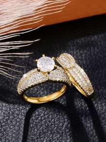 2pcs Gift Box Set - Luxury Cubic Zirconia Engagement Rings, Suitable For Weddings, Parties, Valentine's Day Gifts For Her - Gold - View 4