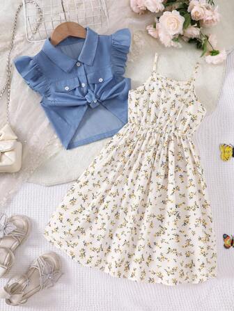 女童牛仔效果无袖上衣和碎花吊带裙两件套休闲套装，春夏