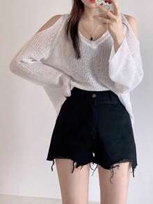 女士纯色V领露肩长袖休闲上衣，日常穿着 白色 - 白色 - 查看 2