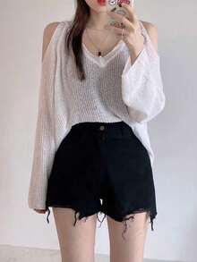 女士纯色V领露肩长袖休闲上衣，日常穿着 白色 - 白色 - 查看 4