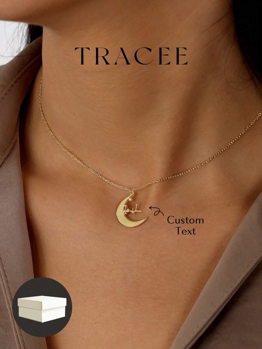 TRACEE Crescent And Arabic Name Necklace, Customized Arabic Name Necklace, Islamic Jewelry, Nameplate Arabic Necklace, Gift For Her 18K Gold Stainless Steel Jewelry