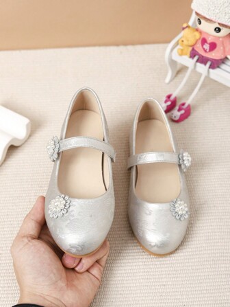 Zantong Platta Barnskor, Pärlkrysantemum Broderade Grå Tyg Flickskor, Super Mjuka innersulor, Bröllop Flower Girl Balett Latin Dans Piano Performance Platta Princess Skor, Campus Daily Walking Skor Lämpliga för studenter/barn/äldre barn