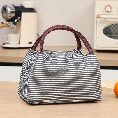 1 Túi Cách Nhiệt Sọc Thời Trang, Túi Đựng Hộp Cơm Trưa Bằng Lá Nhôm Dày, Túi Đựng Hộp Cơm Trưa Cầm Tay Cách Nhiệt Dung Tích Lớn Và Bảo Quản Độ Tươi, Túi Hộp Cơm Trưa Du Lịch Và Dã Ngoại Cắm Trại