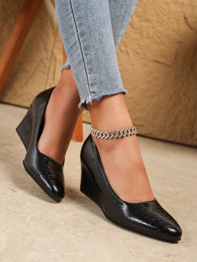 2024 New Arrivals Women's Fashion Black Versatile High Heel Wedge Low Vamp Genuine Leather Shoes