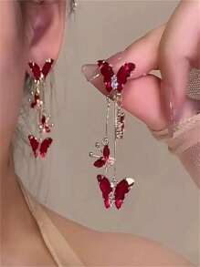 A Colorful Rhinestone Butterfly Stud Earrings, New Retro Court Fringed Earrings