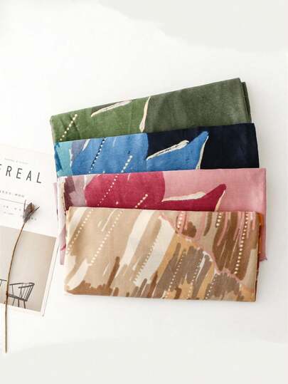 1 件多色荷叶印花时尚金属画风格流苏薄围巾，新款女士巴厘岛纱布棉麻趣味图案印花长围巾，休闲时尚旅行柔软舒适透气防晒沙滩巾