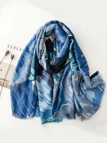 1 件多色荷叶印花时尚金属画风格流苏薄围巾，新款女士巴厘岛纱布棉麻趣味图案印花长围巾，休闲时尚旅行柔软舒适透气防晒沙滩巾 - 彩色 - 查看 9