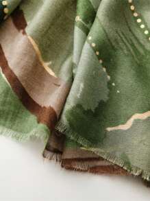 1 件多色荷叶印花时尚金属画风格流苏薄围巾，新款女士巴厘岛纱布棉麻趣味图案印花长围巾，休闲时尚旅行柔软舒适透气防晒沙滩巾 - 彩色 - 查看 12