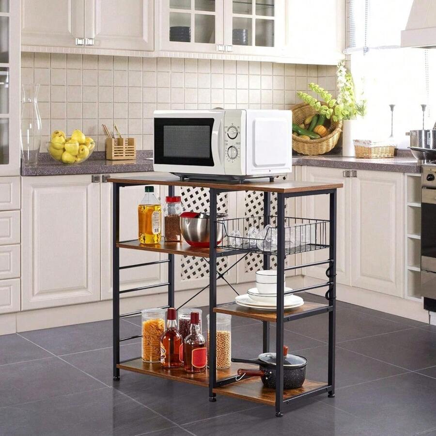 4-Tier Kitchen Baker's Rack, Coffee Bar Microwave Stand Cart With Wire Basket & 6 Side Hooks, Kitchen Organizer Shelf For Spices/Utensils Foods, Rustic Brown - Nâu mộc mạc - Xem 1