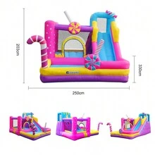 Trampolín Grande para Exteriores Infantil con Tema de "Parque de Dulces" - Incluye Bomba Inflable de Alta Potencia - Rosa - Ver 5