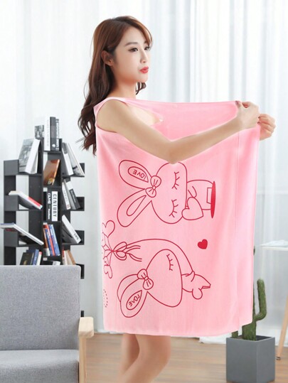 1pc Wearable Bath Towel Robe, Absorbent & Non-Shedding, Women Stylish Sexy Spaghetti Strap Beach Dress, Women Wrap-Around Cartoon Rabbit Heart Print Bath Dress, Convenient For Home, Travel, Hotel Summer Wedding Home Bathroom Decor Back To School