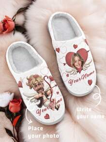 1 Pair Custom Valentine's Day Couple Photo Slippers, Personalized Fur Slippers With Cupid And Heart Design, Unique Romantic Gift For Him And Her, Featuring Male Cupid Shooting Arrow Of Love To Female Partner, Add Your Names And Photos, Cozy Warm And Soft Slippers For Lovers Valentine Gift - Multicolor - View 2