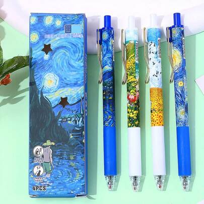 4pcs/Box Oil Painting Design Retractable Ballpoint Pens, Lightweight And Portable, Suitable For Students And Office Use Back To School