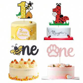1pc Ladybug Bee 1st Birthday Cake Topper, Red Glitter, For 1st Birthday Party Decorations