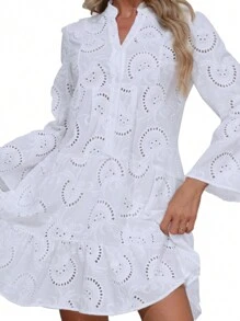 Hollow Elegant Dresses For Women Solid V Neck Flared Sleeve Vintage Cocktail Dresses Loose Casual Shirt Dress - 白色 - 查看 5