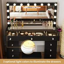 46" Large Vanity Table With Lighted Mirror & Power Outlet, Makeup Vanity Desk With Glass Top, 14-Bulbs Large Mirror, 3-Color Modes & Brightness Adjustable, 11 Drawers For Storage, Come With Soft Stool & Hair Dryer Rack, Vanity Set Gifts For Girls Women, Halloween & Thanksgiving - 黑色 - 查看 5