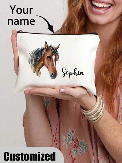 Custom Floral Horse Makeup Bag - Lightweight, Foldable Cosmetic Pouch With Zipper For Women & Horse Lovers - Perfect Party Gift, Multicolor, Not Defective, 1pc, Fashion Style