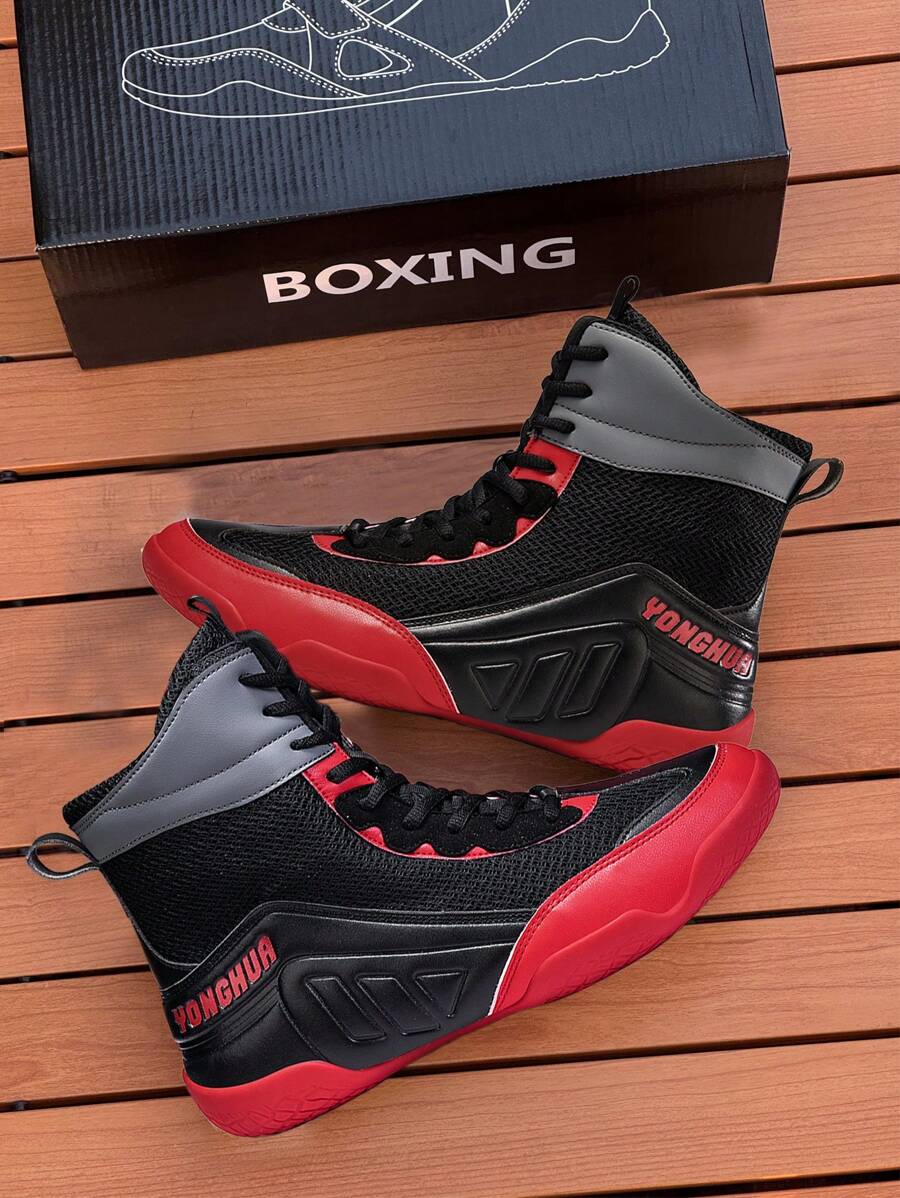 TOLLN Zapatos de lucha media-caña profesionales para hombres, botas de boxeo/MMA, zapatos de entrenamiento para kickboxing, muay thai y fitness - Negro - Ver 1