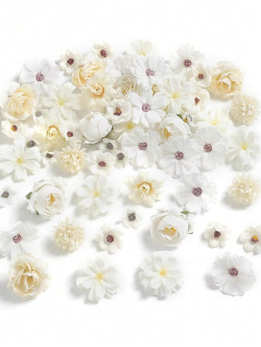 80个白色人造迷你花头，丝绸人造梅花头，仿真牡丹玫瑰雏菊花头，适用于DIY花环、蛋糕、婚礼、派对、毕业典礼、帽子、鞋子、花瓶装饰、生日、秋季装饰 - 80PCS白色花頭 - 查看 1
