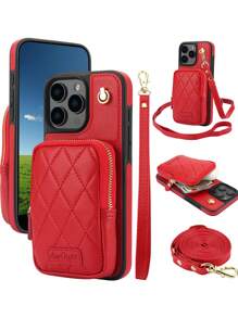 Funda de piel sintética (PU) compatible con iPhone 16, 15, 14, 13, 12, 11, Pro, X, XS, Max, XR, 8, 7 Plus, SE 2020, 2022, con ranuras para tarjetas, cremallera, bandolera y cuerda para el teléfono - Rojo - Ver 10