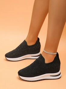 1 Pair Women's New Wedge Thick Sole Sneakers, Fashion Versatile Lightweight Non-Slip Breathable Mesh Slip-On Casual Shoes, Rhinestone Decorated Shoes