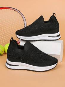 1 Pair Women's New Wedge Thick Sole Sneakers, Fashion Versatile Lightweight Non-Slip Breathable Mesh Slip-On Casual Shoes, Rhinestone Decorated Shoes