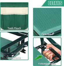 Garden Kneeler And Seat, Soft EVA Kneeling Pad Stool With Tool Pouch, Heavy Duty Foldable Gardener Stool, Green - Green - View 6