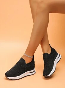 1 Pair Women's New Wedge Thick Sole Sneakers, Fashion Versatile Lightweight Non-Slip Breathable Mesh Slip-On Casual Shoes, Rhinestone Decorated Shoes
