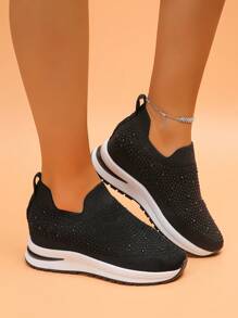 1 Pair Women's New Wedge Thick Sole Sneakers, Fashion Versatile Lightweight Non-Slip Breathable Mesh Slip-On Casual Shoes, Rhinestone Decorated Shoes