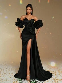 Smilprince 新款优雅正式晚礼服，修身露肩荷叶边缎面蝴蝶结连衣裙，女士舞会礼服，派对礼服，婚礼宾客礼服