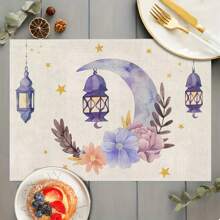 4/6/8 Pieces Set Linen Placemat, Heatproof, Modern Design With Lantern & Moon Pattern, Suitable For Holiday Dining And Kitchen Decor, 12x18 Inches