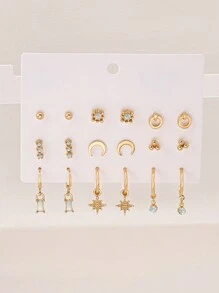 9 pares Brincos de Argola e Brincos de Strass de Prata/Ouro/Ouro Rosa/Preto Elegante, Fofo, Simples e Casual da Moda Europeia e Americana, Adequado para Uso Diário, Férias, Presente, Joia para Mulheres