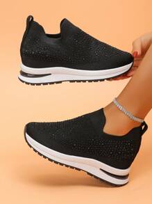 1 Pair Women's New Wedge Thick Sole Sneakers, Fashion Versatile Lightweight Non-Slip Breathable Mesh Slip-On Casual Shoes, Rhinestone Decorated Shoes