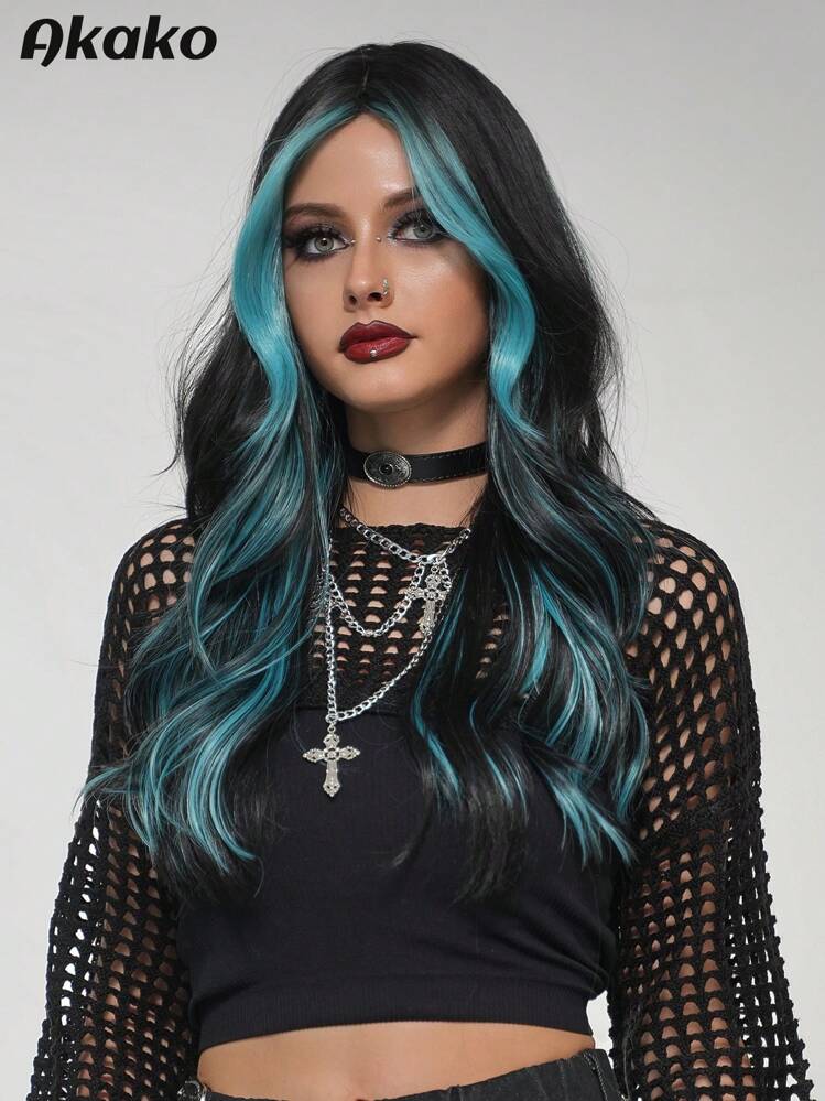 AKAKO Faddish Highlight Blue Hair Long Black Wavy Wig For Women Loose Wave Curly Wig With Curtain Bangs Synthetic Heat Resistant Fiber Hair High Quality Wig For Girl Party Cosplay St.Patrick'sDay Use,Dark Rock,Music Festival Stree Hip Hop Y2K Style Costume Wig 26 Inch / 65 Cm - Blue Highlight - View 1
