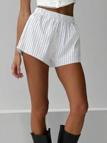 Women Summer Stripe Print Shorts Elastic High Waist Wide Leg Short Pants Lounge Shorts