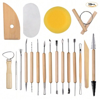 EuTengHao Il set di strumenti per ceramica per modellare la ceramica da 19 pezzi di EuTengHao include gli strumenti più essenziali per l'argilla di legno per i vasai.