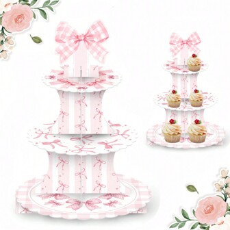 2 套粉色蝴蝶结纸杯蛋糕架，粉色派对纸杯蛋糕架蝴蝶结主题甜点桌展示架，适用于婚礼女孩生日单身派对用品装饰