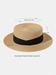 1pc Women's Khaki Black Band Flat Top Straw Hat, Vacation Beach Sun Protection Hat