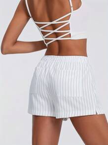 Women Summer Stripe Print Shorts Elastic High Waist Wide Leg Short Pants Lounge Shorts