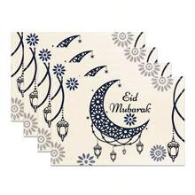4/6/8 Pieces Set Linen Placemat, Heatproof, Modern Design With Lantern & Moon Pattern, Suitable For Holiday Dining And Kitchen Decor, 12x18 Inches