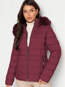 Shendy Vendy Women's Warm Polyester Jacket With Fur Collar - Wine 2 - View 2