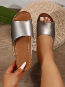 Women's Fashion Minimalist One-Toe Sandals, Lightweight & Comfortable With Extra Width, Silver Grey Casual Slip-On Slippers, Suitable For Plus Size, Summer Daily Wear - Silver Gray - View 5