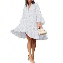 Hollow Elegant Dresses For Women Solid V Neck Flared Sleeve Vintage Cocktail Dresses Loose Casual Shirt Dress - 白色 - 查看 3