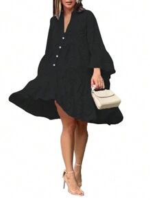 Hollow Elegant Dresses For Women Solid V Neck Flared Sleeve Vintage Cocktail Dresses Loose Casual Shirt Dress - 黑色 - 查看 5