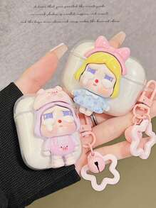 Cuerda para teléfono, cordón de teléfono con colgante de niña con lazo 3D y estrella, estilo coreano suave y transparente de TPU, funda protectora para estuche de auriculares Bluetooth compatible con estuche AirPods
