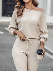 Women's Fall 2-Piece Lounge Outfit: Long Sleeve Pullover Top + Drawstring High-Waisted Pants Tracksuit Set - 杏色 - 查看 3