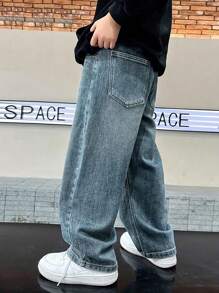 Jeans casual classici e semplici con gamba ampia, con tasche, per ragazzi adolescenti